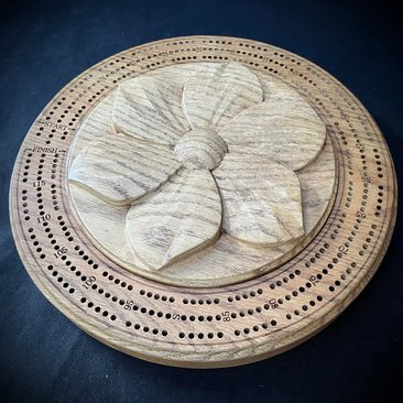 Dog Wood Flower Round Oak Cribbage Board Game (Personalized)